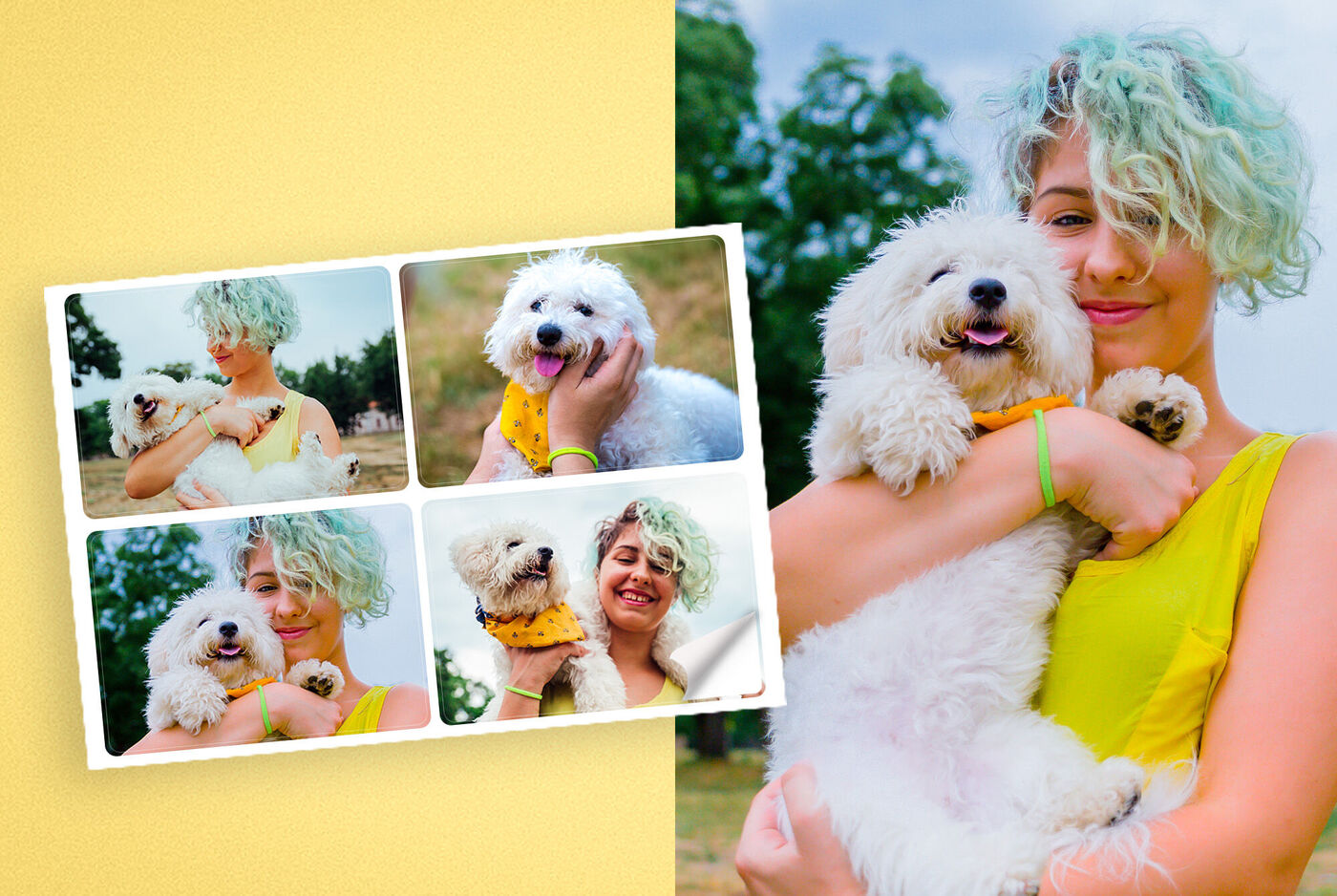 Un foglio con otto adesivi quadrati personalizzati con la foto di vari posti nel mondo
