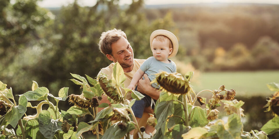 Padre con bambino tra girasoli all'aperto