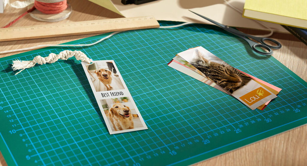 Su un tavolo da lavoro fai da te sono appoggiati due segnalibri personalizzati con foto di animali domestici.