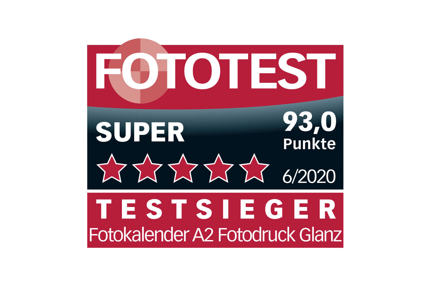 Sigillo di qualità premiato con 5 stelle per il CEWE Calendario Fotografico A2. Mostra il punteggio 93,0 su uno scudo rosso-nero con il testo "FOTOTEST", "SUPER" e "VINCITORE".